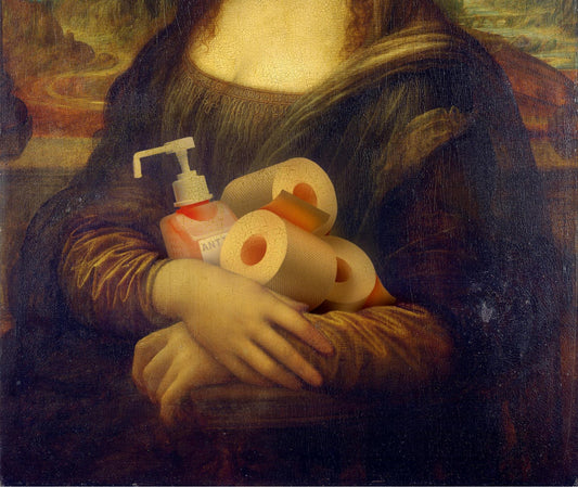 Monalisa wearing covid mask holding piles of toilet paper